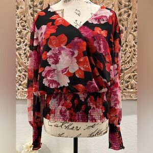 meraki Black Floral Wrap Blouse with Pink and Red Blooms